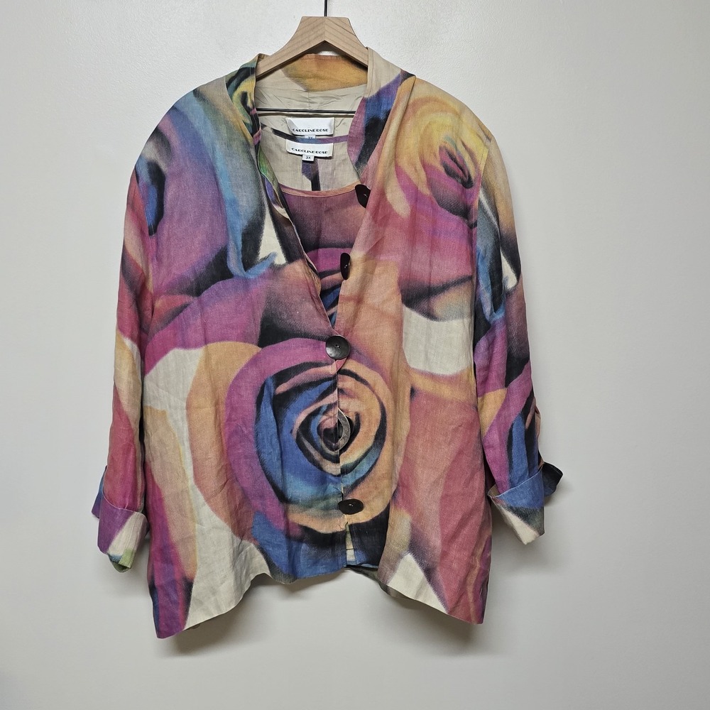 Caroline Rose Linen Lined Jacket Blazer Pockets w/ Tank Art Colorful Sz 3X USA